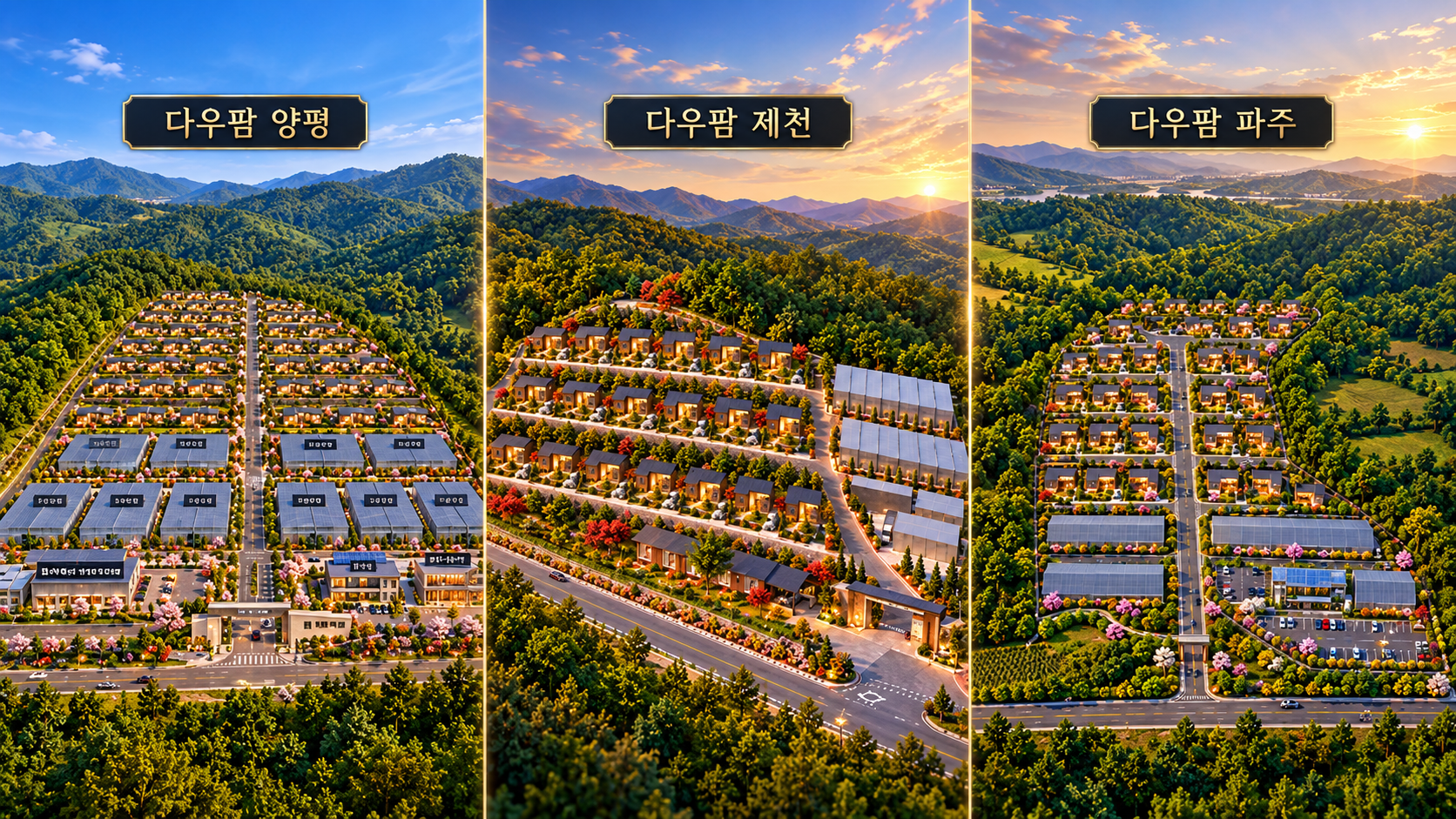 다우팜 양평, 제천, 파주 세 지역 골든 아워 전경