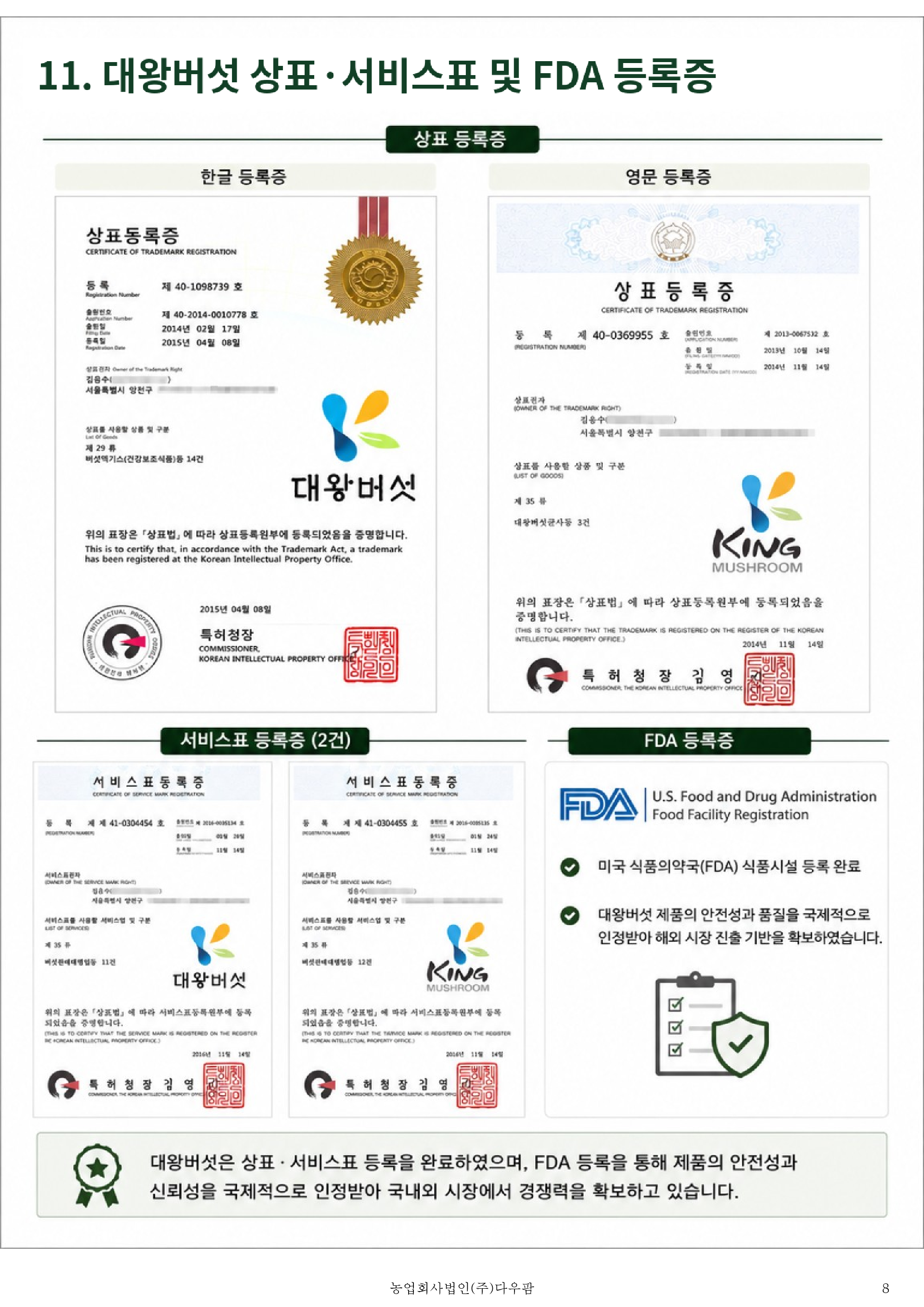 대왕버섯 상표 서비스표 및 FDA 등록증