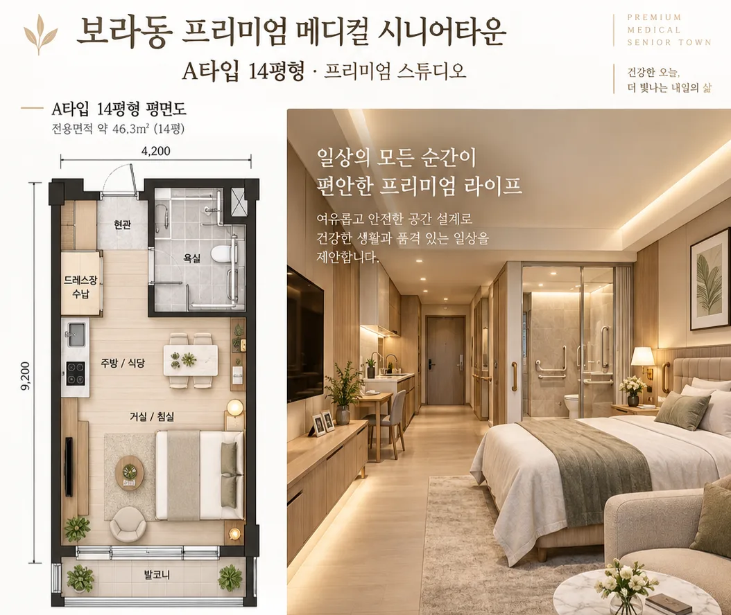 14평형 · 프리미엄 스튜디오 평면도와 공간 이미지